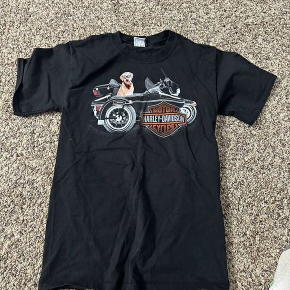 Harley-Davidson Men's Black Graphic Tee Dog in Side-Car Motorcycle Youth Small